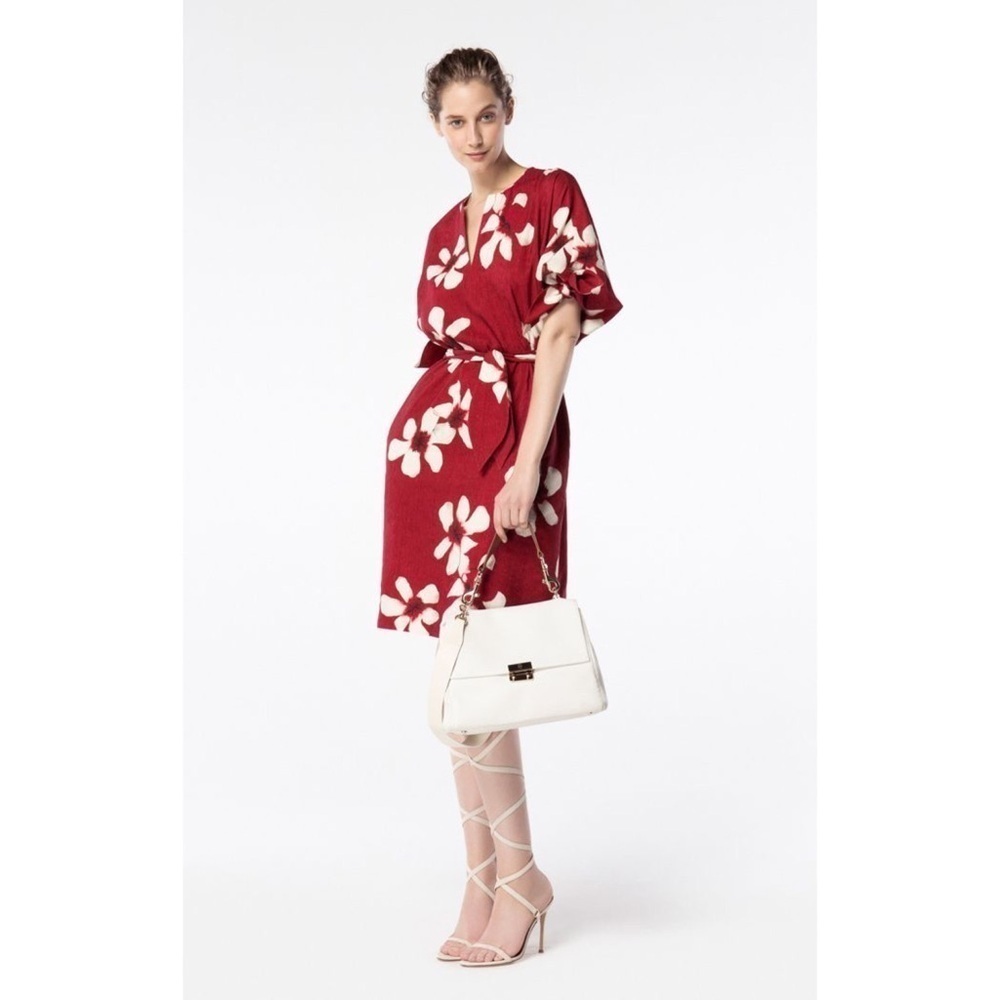 Carolina Herrara Red Floral Resort Wear Silk & Linen Dress Sz XS